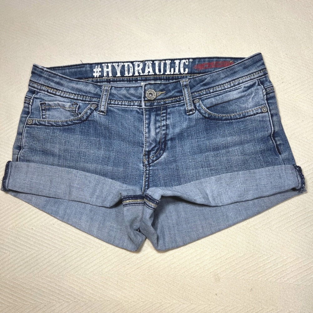 Hydraulic Womens Y2K Cuffed Low Rise Mini Shorts flap Pockets Blue Size 9/10